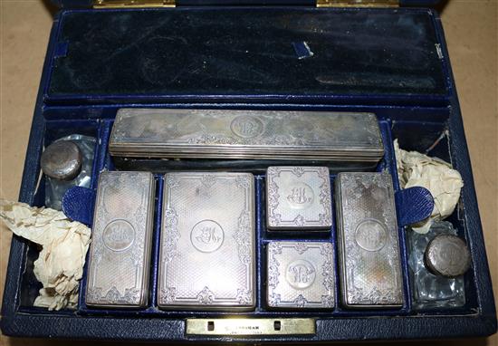 Victorian vanity case with silver-mounted cut glass part fitments, London 1845, initialled (faults), Bramah lock to case